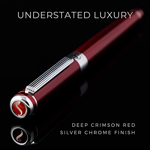 Scriveiner Deep Crimson Red Fountain Pen - Stunning Luxury Pen With Chrome Finish, Schmidt Nib (Medium), Best Pen Gift Set For Men & Women, Professional, Executive, Office, Nice Pens #TOP1