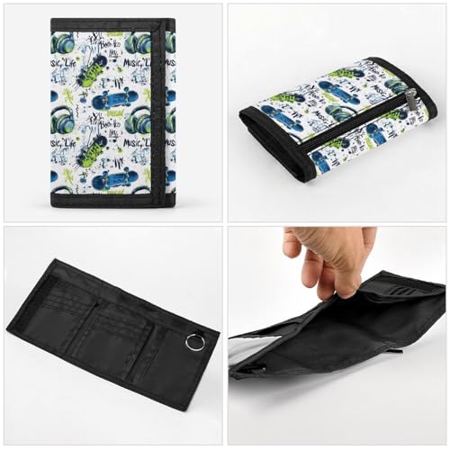 Music Skateboard Graffiti Print Wallet for Men, 8 Credit Card Holder Slim Minimalist Front Pocket Small Mens Bifold Wallets4