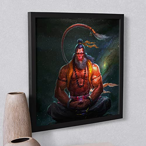 Ritwika's Wall Art Painting Of Meditating Hanuman With Frame for Home and Office Decor | Size 13.5 x 13.5 Inch, Set of 1, Multi Colour (Meditating - Hanuman)
