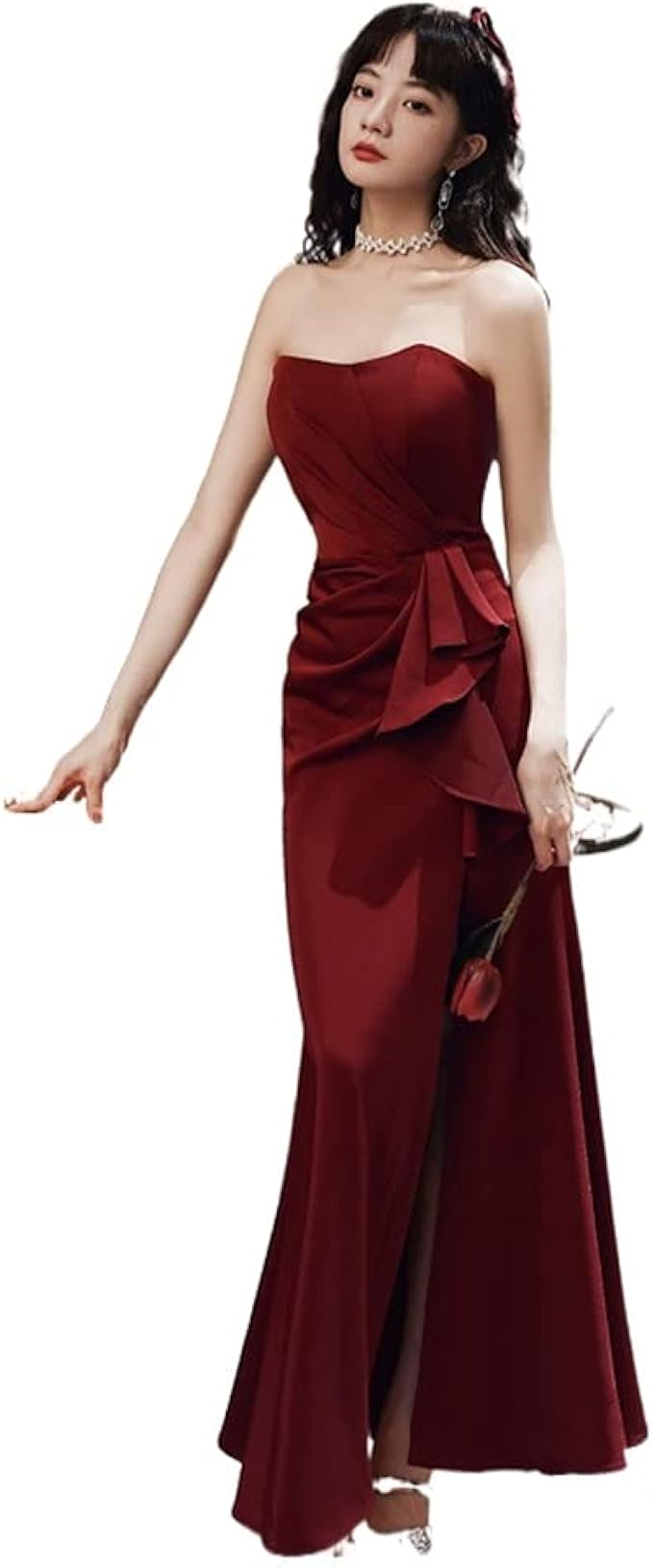 Amazon Fanwei 人気 ワインレッド ビスチェラインワンピース 袖なし マーメイドライン 優雅 ロングスカートの気質 ウェディングドレス イブニングドレス M イブニングドレス 通販