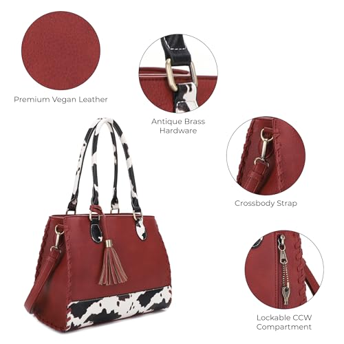 Image of JESSIE & JAMES Montana Whipstitching Cow Print Top Handle Satchel Purse with Adjustable Shoulder Strap