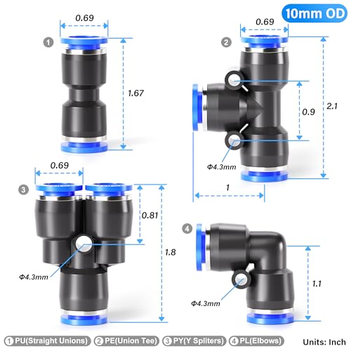 TAILONZ PNEUMATIC 10mm od Push to Connect Fittings Pneumatic Fittings Kit 5 Spliters+5 Elbows+5 tee+5 Straight (20 pcs)