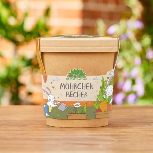Die Stadtgärtner Möhrchen im Becher Anzuchtset für Möhren im Becher | Enthält Alles, was du zur Anzucht benötigst | Ostergeschenk für Kinder | Geschenkidee Kinder Ostern