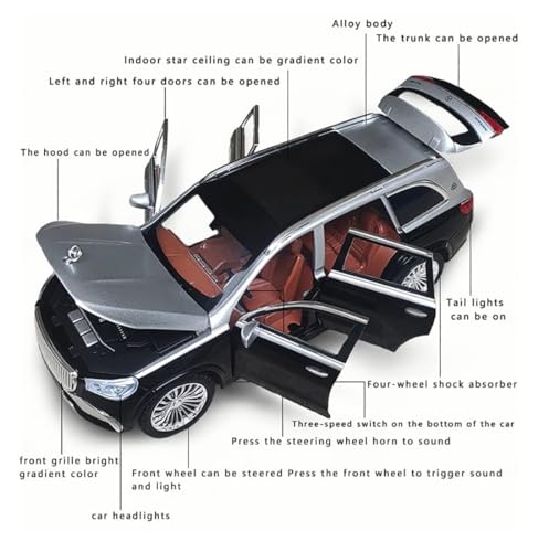 Image of Die-Cast Zinc Alloy 1:24 Scale Mercedes Benz Gls600 Maybach Car Model Large With 6 Openable Doors,Lights & Music Alloy Pull Back Toy Car For Kids (Gls600),Black