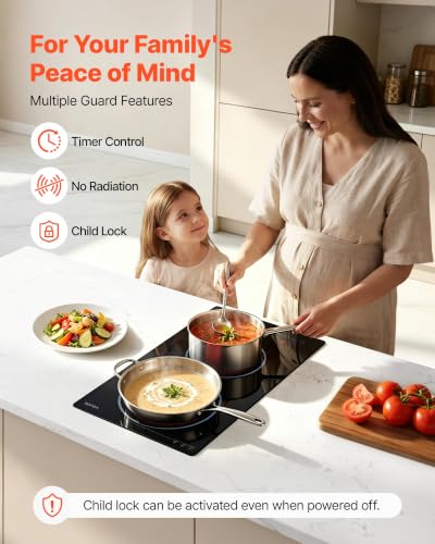 Image of VEVOR Electric Cooktop 12inch 2 Burners Portable Stove Top 1800W 120V, Ceramic Countertop /Built-in Radiant Electric Stove, with 9 Power Levels, Timer, Child Lock, Over-Heat Guard, Touch Control