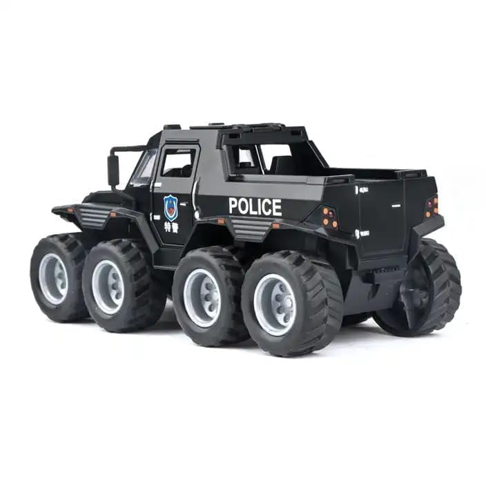 Image of 1:28 Scale Big Police Truck 8X8 Metal Diecast Toy Car for Kids with Openable Doors, Sound, Light Effects, Black