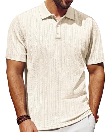 PJ PAUL JONES Mens Polo Shirts Short Sleeve Fashion Textured Polo Shirt Regular Fit Stretchy Golf Shirts Beige M
