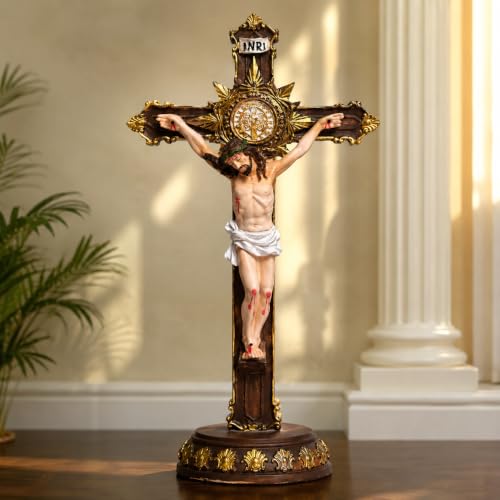 Image of KariGhar Resin The Holy Cross Standing Cross with Lord Jesus Christ for Altar, Table, Prayer Room, Housewarming, Gifting and Decoration Multicolour Figurine 12 Inch