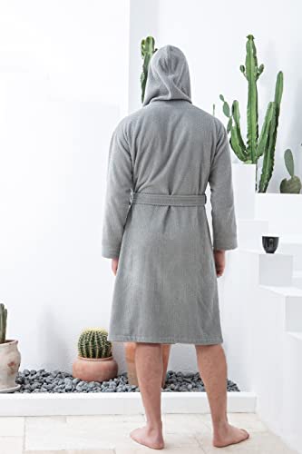 Seyante Luxury Turkish Cotton Terry Men's Hooded Bathrobe - Premium Cotton Men's Terry Cloth Robe - Long Textured, Rice Weave Trim (X-Large, Grey/Hooded) #TOP4