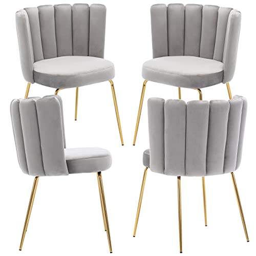 Zhenghao Velvet Dining Chairs Set Of 4 Upholstered Side Chairs With Brass Legs, Modern Curved Back Accent Chairs For Home Kitchen/Living Room/Bedroom, Grey #TOP21