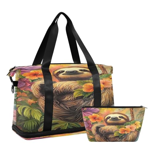 Sloth Jungle Yellow Travel Duffel Bag for Women Men Gym Bag with Shoe Compartment Wet Pocket Carry On Weekender Overnight Bags for Hospital Gym Travel2