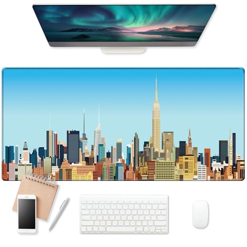 EkuaBot City Skyline Large Gaming Mouse Pad (35.4×15.7 in, 3mm Thick), Non-Slip Rubber Base and Reinforced Lock Edges, XXL Extended Mousepad for Work, Game, Desk mat, Desktop Decoration