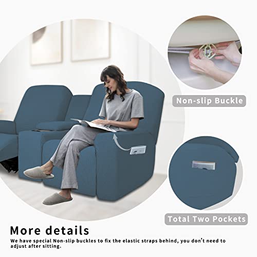 Image of Easy-Going 1 Piece Reclining Loveseat with Middle Console Slipcover | Stretch 2 Seater Loveseat Recliner Cover with Holder and Storage, Recliner Couch Sofa Cover, Furniture Protector Bluestone