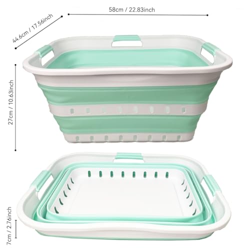 Image of SAMMART 42L (11 gallons) Set of 2 Plastic Foldable Storage Basket /Container - Collapsible, Space Saving and Portable Laundry Hamper, Ideal for Home, Travel, Dorm (2, White /Light Green)