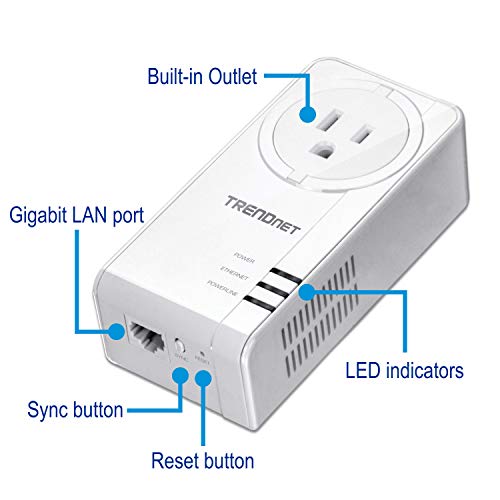 Image of TRENDnet Powerline 1300 AV2 Adapter with Built-in Outlet, Gigabit Port, IEEE 1905.1 & IEEE 1901, Range Up to 300m (984 ft.), TPL-423E, White