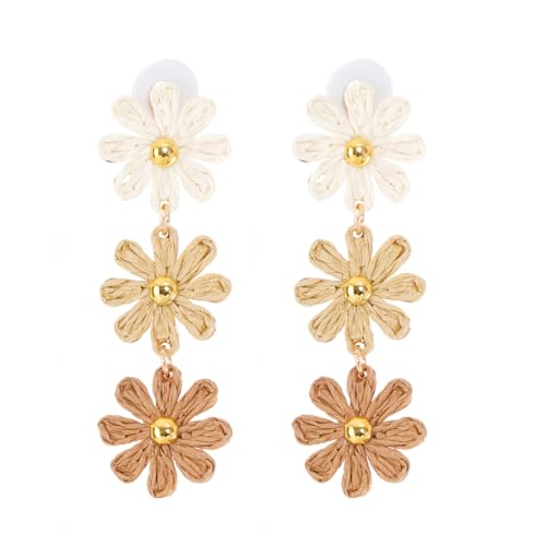 Raffia Flower Earrings Boho Handmade Straw Wrapped Drop Dangle Earrings for Women Summer Beach Jewelry