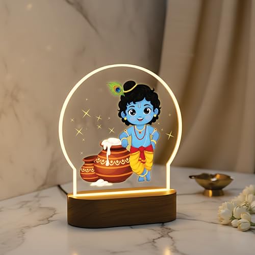 Image of Giftplease Divine Bal Krishna LED Lamp - Warm Glow Decorative Night Light for Home Mandir, Kids Room & Gifting - Vibrant Makhan Chor & Murali Manohar Printed Designs GL 09