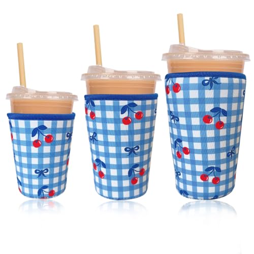 Image of Reusable Insulated Neoprene Iced Coffee Cup Sleeve, Durable Drink Sleeve for Cold Beverages, Beverage Holder for Iced Coffee, Cherry Bows