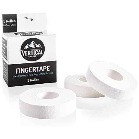 VERTICAL FELLOWS® 3 Rollen Klettertape 1,5cm breit mit PDF Tapeanleitung - Reach GEPRÜFT - ideales Fingertape und Sporttape für Klettern Bouldern Kraftsport Volleyball Handball Kampfsport Cover