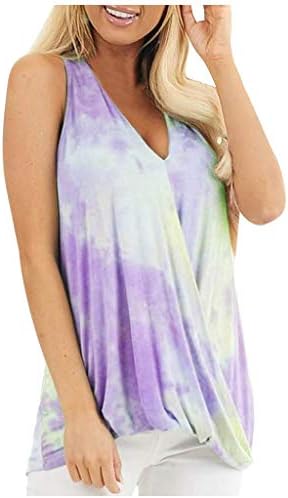 Tantisy Women Summer V Neck Boho Floral Print Tank Tops Casual Sleeveless Shirts Camis Tie-Dye Print O-Neck T-Shirt Tops Purple