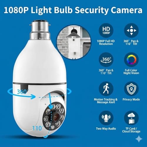 Image of securinnov 3MP WiFi Light Bulb Camera Home Office Outdoor | 360 Rotation | Color Night Vision |1080p | Motion Detection | Two Way Audio | Wireless Home Security | Mobile App V380 Pro (Light Bulb)