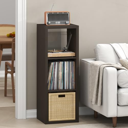 Image of Furinno Cubicle Record Player Stand, 3-Cube Record Storage, Dark Oak | Vinyl Storage, 1.2 inchInch Extra Thick, Open Back Media Shelf for CD DVD Bluray Game Disc, for Living Room, Home Office