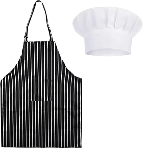 Apron and Chef Hat Set, Chef Outfit Adult, Adjustable Bib Apron Anti-Fouling with Pockets Black and White Striped Halter Apron for Unisex Suitable for Home Kitchen, Gardening, Cafes House