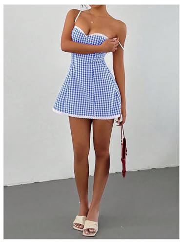 Image of MakeMeChic Women's Plaid Gingham Lace Cami Dress Sleeveless Going Out Mini Dresses Sundress