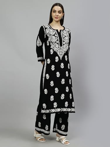 Image of Seva Chikan Hand Embroidered Lucknowi Chikankari Rayon Kurta and Palazzo Set SCL8037