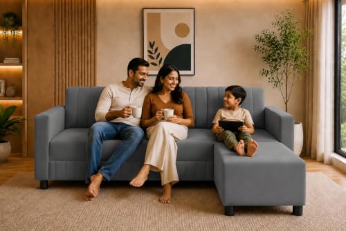 Image of 3 Seater Wooden Sofa with Ottoman | Modern Sofa Set for Living Room | Stylish Home Furniture Sofa with Comfortable Seating-Grey
