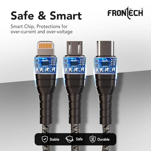 Image of FRONTECH 17W 3-in-1 Multi Fast Charging USB Cable | Type-C, Micro USB & 8 Pin Port | 1.2 Meter Braided Cable | Smart Chip Protection | Grey /Black (FT-1053)