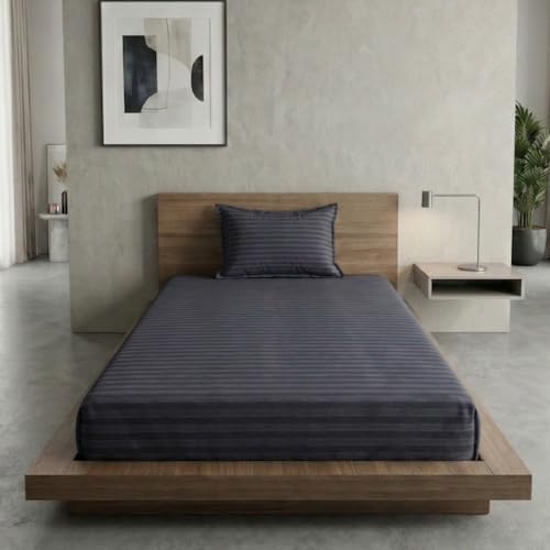 Image of Home Sizzler Microfibre Grey Satin Stripe Elasticated Fitted Single Bedsheet (72x36 Inches) with 1 Pillow Cover