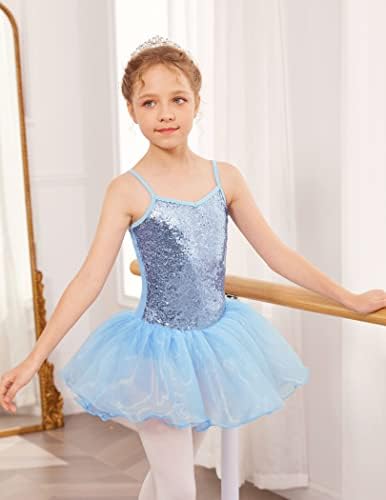 Zaclotre Girls Sequin Leotard Sparkly Strap Ballet Skirted Leotards Tutu Dress Ballerina Outfit Dance Costume Blue Size 8-9 Years - 1