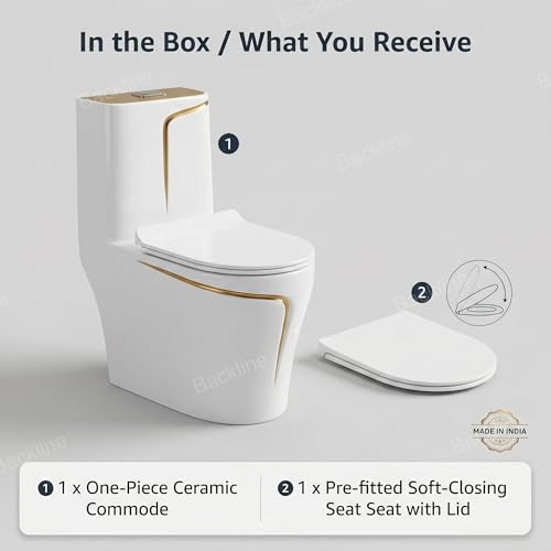 Image of Backline P Trap Commode for Toilet | One Piece Ceramic Commode With 10L In-Built Tank | Wash-Down Flushing With Soft Closing Toilet Seat - P Trap Water Closet (White Gold) (7 Years Color Warranty)
