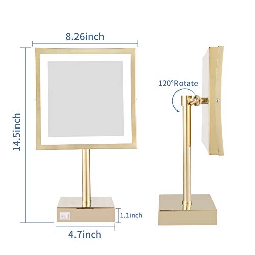 Dowry Tabletop Led Lighted 5X Magnifying Makeup Mirror Square With Plug 8 Inch Polished Gold Finished #TOP5