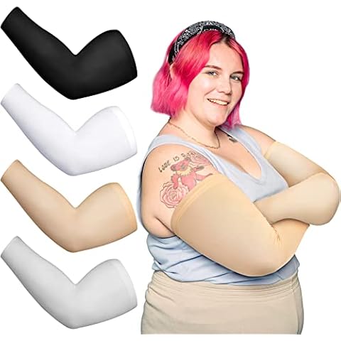 4 Pairs Plus Size Arm Sleeves UV Sun Protection Sleeves Cooling Ice Silk Oversized Arm Compression Sleeve Covers for Women, Black, White, Nude, Light Gray, 5X-Large Cover