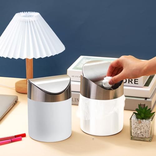 Yiyiring 2 Pcs Desk Trash Can with Swing Lids, 12 Rolls of Trash Bags, 2L Brushed Stainless Steel Countertop Garbage Bin Small Wastebasket with Lid for Office Desk, Coffee Table(Matte White) by Yiyiring - Image 4