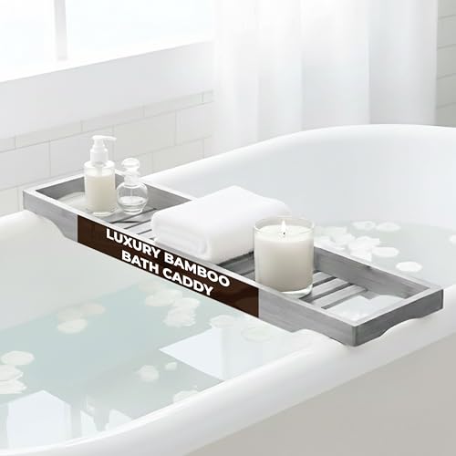 LKH Bamboo Bath Caddy Tray - Natural Bamboo Bathtub Organizer - Strong, Water-Resistant & Durable Bath Tray for Bathroom Accessories like Phone, Glass, or Book