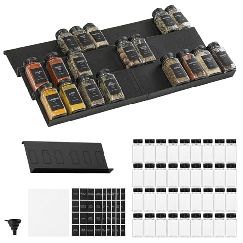 Famhap Rangement Epices Tiroir 6PCS, Organisateur Porte Épices pour Extensible de 29,5 cm à 59 cm, Insert Etagere Epices Cuisine Texture Mate, avec 36 Bocaux