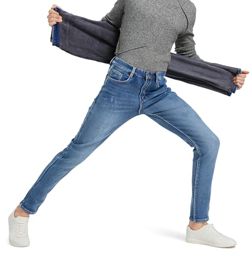 ziilay Gefütterte Destroyed Jeans Herren Thermojeans mit Fleece Warm Stylisch Ripped Patched Denim Bequemer Tapered Slim Fit Streetwear 801SXBL 33W32L