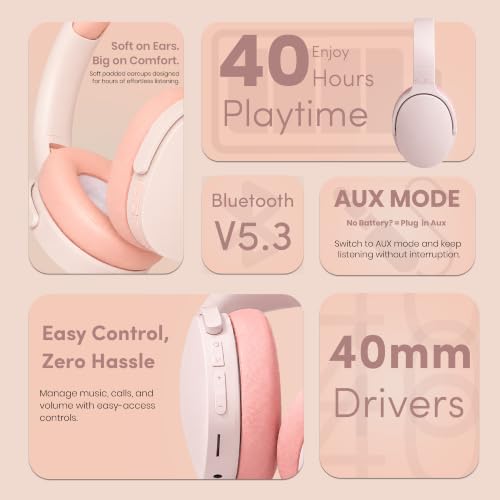 Image of PunnkFunnk BeatXtra Wireless Stereo Bluetooth Headphones V5.3, Over Ear Foldable Headset with 40mm Drivers, Soft Cushioned Ear Pads, Built-in Mic, AUX Input, 10M Wireless Range, Teen & Adults (Pink)