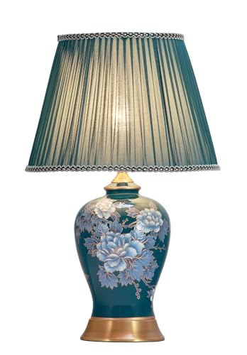 Fine Asianliving Lámpara de Mesa de Porcelana Pintada a Mano Azul Peonías Base de Bronce D.33xA53cm Cerámica porcelana Luz de mesa China Chino Oriental con pantalla Jingdezhen Mandarin Deco