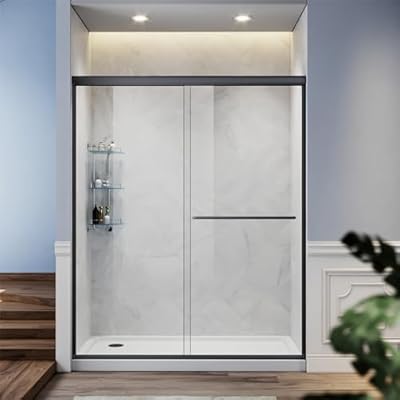 SUNNY SHOWER Glass Shower Door Frameless Double Sliding Shower Glass Door, 1/4 inch Clear Glass Shower Panel, Stainless Steel Hardware, Bathroom Sliding Door, Black Finish 46.5-48 in.W x 72 in.H