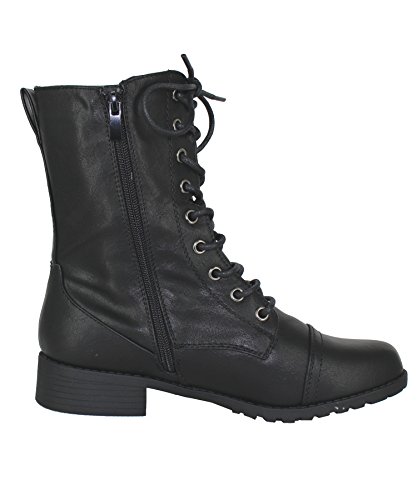 Forever Link Womens Round Toe Military Lace up Knit Ankle Cuff Low Heel Combat Boots - Image 3