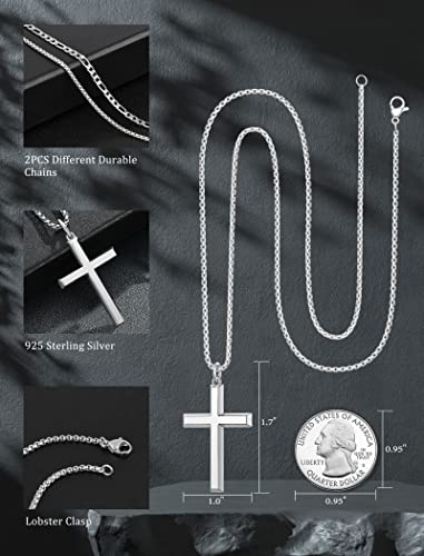 925 Sterling Silver Cross Necklace For Men High Polished Durable Men's Crucifix Cross Pendant Necklace For Boys Men Son Birthday Valentines Day Gifts, 2Pcs Strong Stainless Steel Rolo | Figaro Chain Length 24" #TOP4
