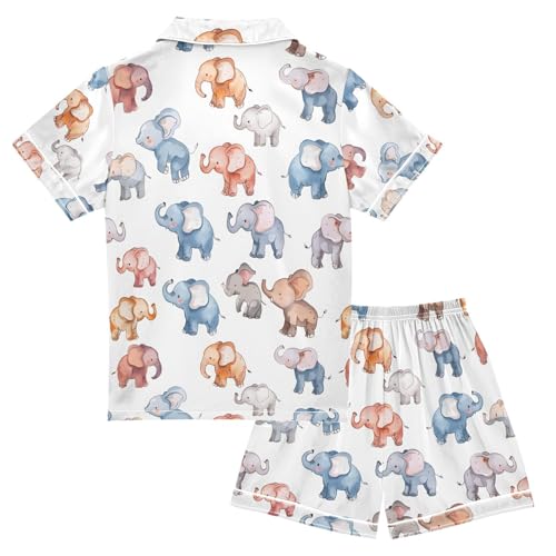 ALAZA Cute Elephant Watercolor White Pajamas Satin Pajama Set Short Sleeve Button Down Sleepwear2