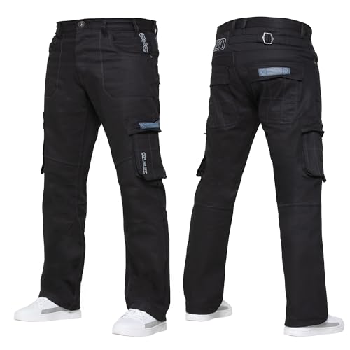 989Zé ENZO Mens Cargo Combat Jeans Casual Cotton Denim Straight Leg Pants Trousers Black 32W / 32L