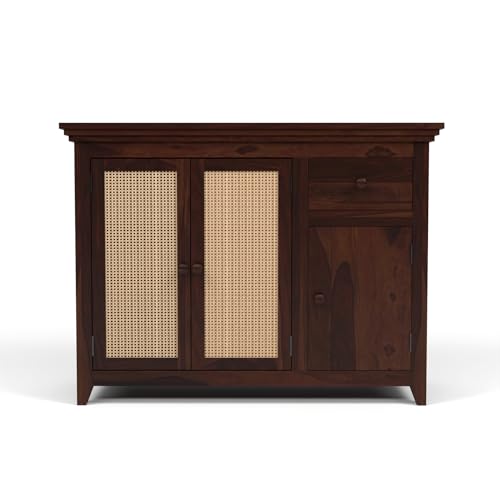 Image of PS DECOR Solid Sheesham Wood Sideboard Cabinet with Rattan Cane Doors & Storage Drawer | Multipurpose Storage Unit for Living Room & Dining Area (B-Walnut Finish)