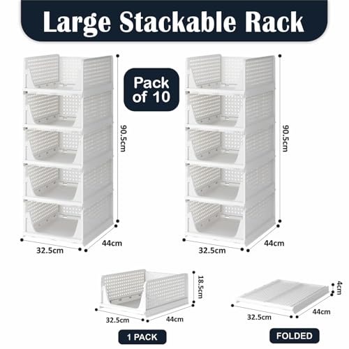 Image of HOMIFLY Pack of 10 Large Foldable Cloth Storage Organizer /Stackable Wardrobe Organizer For Clothes /Multipurpose Sliding Basket /Rack Organiser Storage /Shirt Stacker Box (44 x 33 x 181 cm, White)