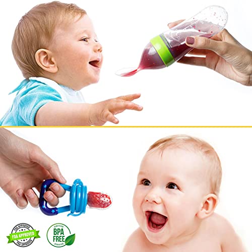 Gedebey Baby Fruit Pacifier Feeder - 3 Pack | 2 Silicone Teethers for Babies & 1 Feeding Spoon Food Infants Forage (Colorful)